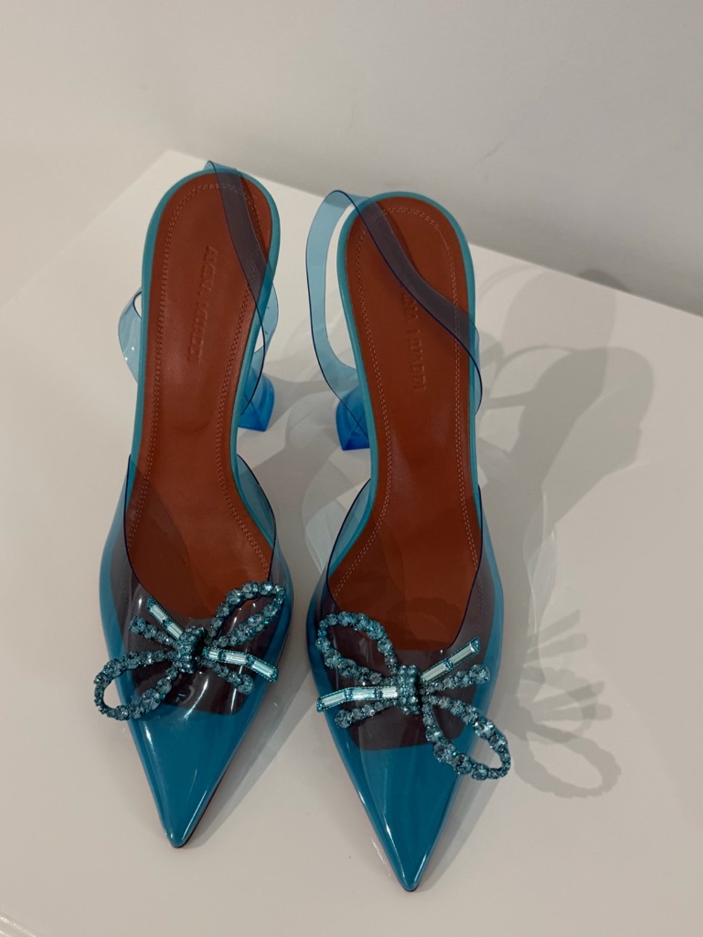 Amina Muaddi Teal Pointed PVC Slingback Pumps with Crystal Bow - Picture 2 of 5